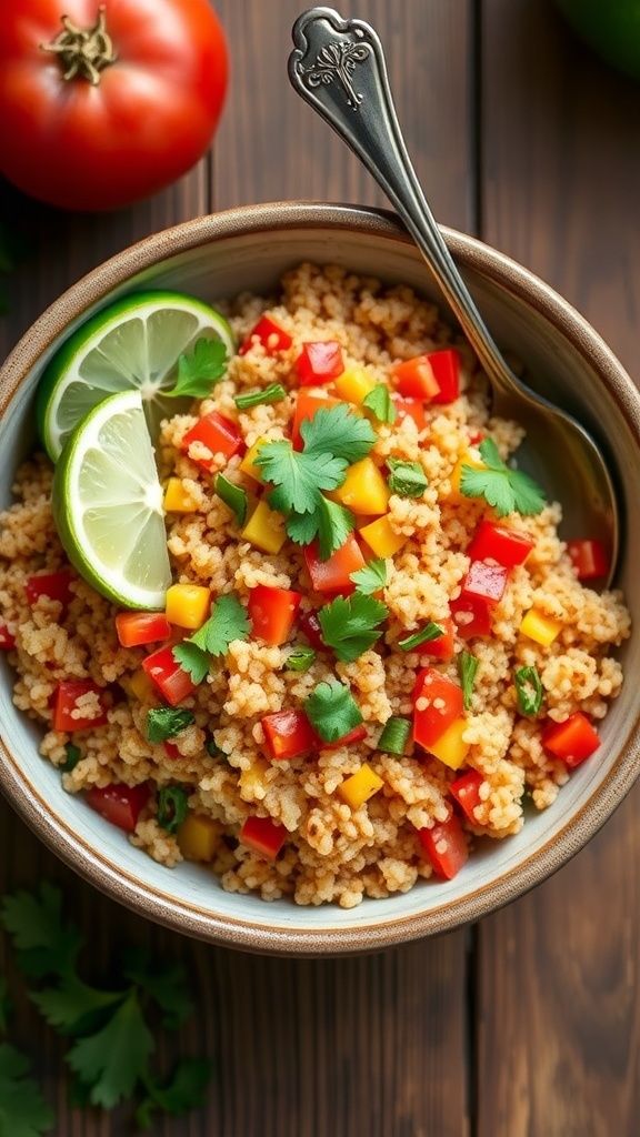 A bowl of Mexican quinoa rice with tomatoes and bell peppers, garnished with cilantro and lime on a wooden table.